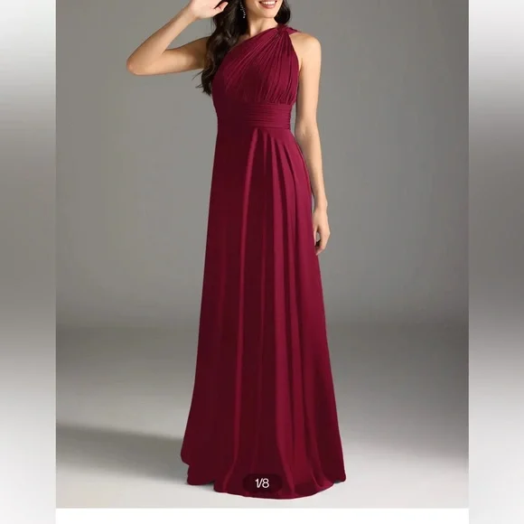 Burgundy A-Line One Shoulder Stretch Satin Dress - Picture 7 of 10